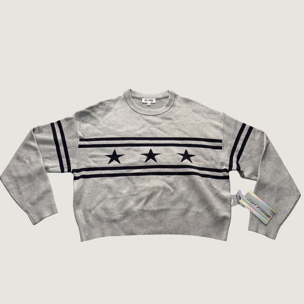 Graphic Sweater L Streetwear Knit Pullover Grey NEW